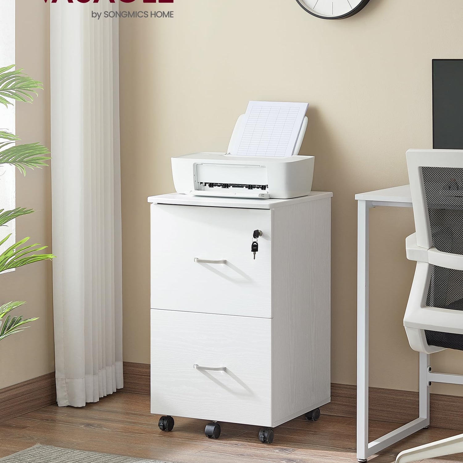 VASAGLE 2-Drawer File Cabinet, Locking Wood Filing Cabinet for Home Office, Small Rolling File Cabinet, Printer Stand, for A4, Letter-Size Files, VASAGLE