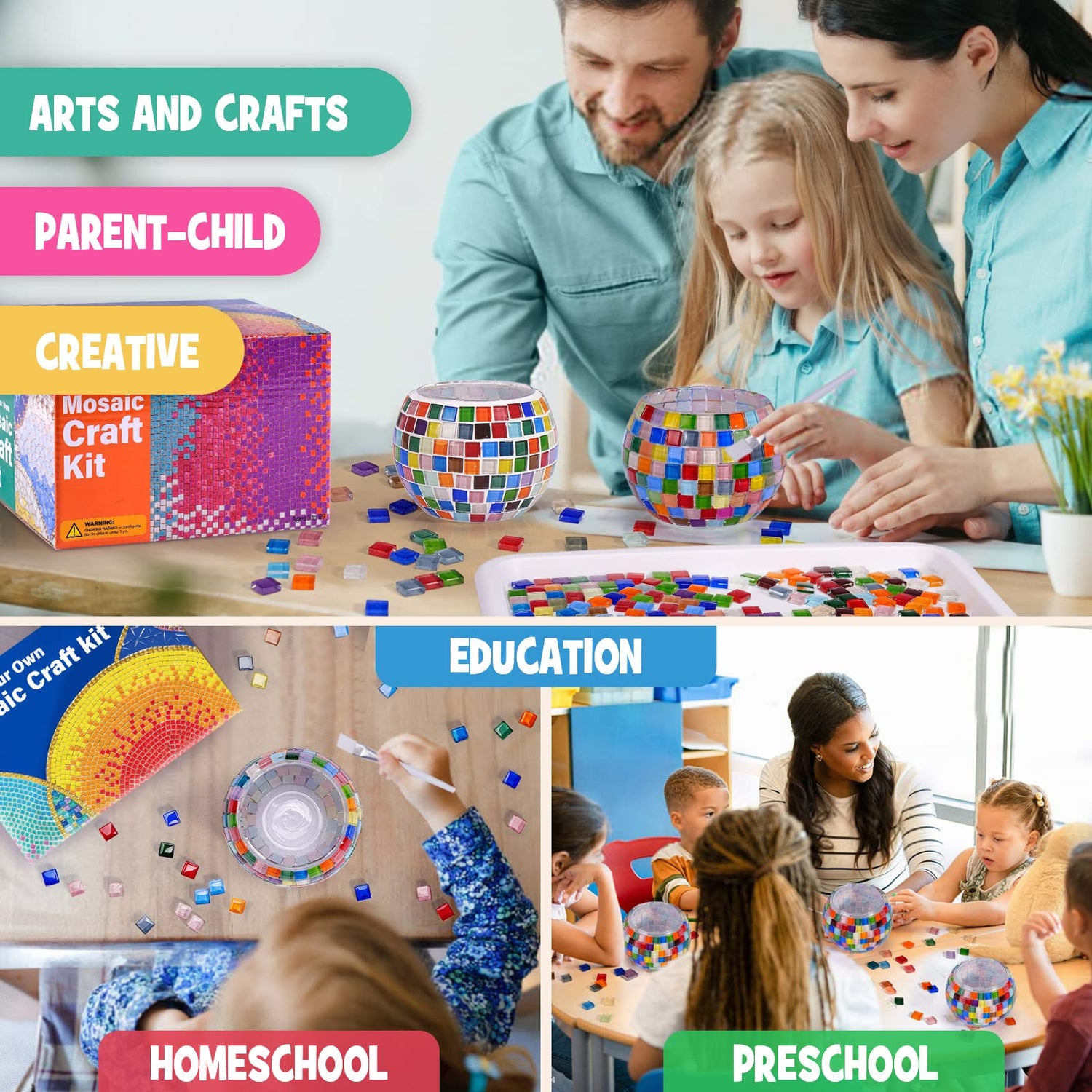 ONE TO FOUR Glass Mosaic Candle Holder Kit, Creativity DIY Stained Glass Kit for Kids & Adults, Tealight Candle Holder for Home Lighting Decor, ONE TO FOUR