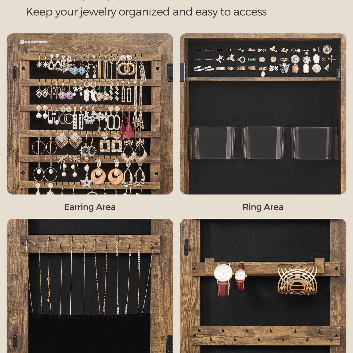 SONGMICS Jewelry Cabinet Armoire, Lockable Wall-Mounted Storage Organizer Unit with 2 Plastic Cosmetic Trays, Full-Length Frameless Mirror, Textured SONGMICS