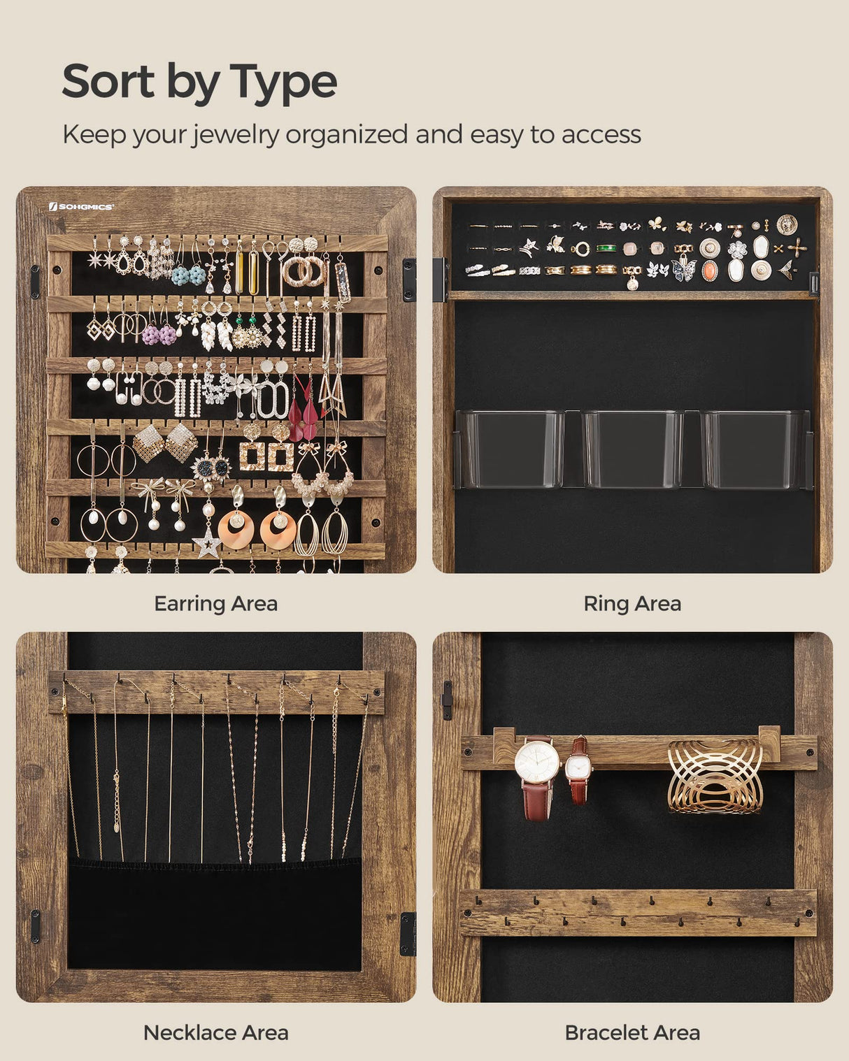 SONGMICS Jewelry Cabinet Armoire, Lockable Wall-Mounted Storage Organizer Unit with 2 Plastic Cosmetic Trays, Full-Length Frameless Mirror, Textured SONGMICS