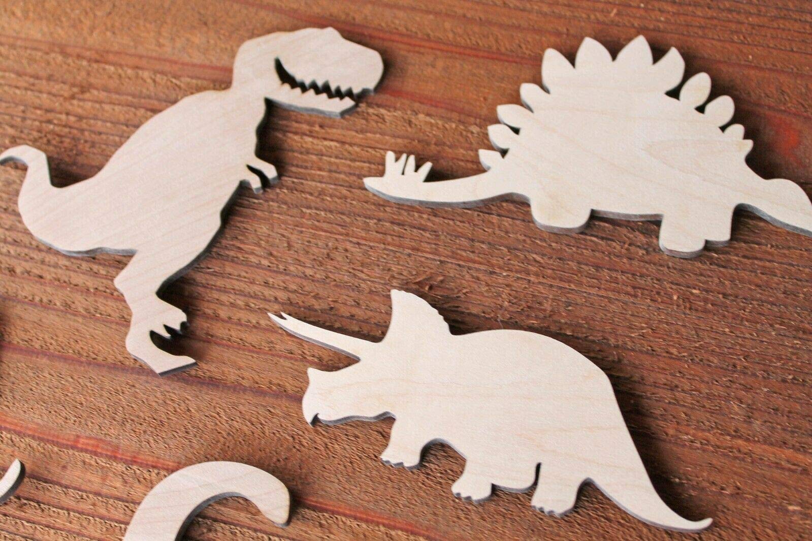 Set of 6 Large Dinosaur Wood Cutout Shapes 6", 8",10" or 12" available Cut out T-Rex Brontosaurus Brachiosaurus Velociraptor + more - WoodArtSupply