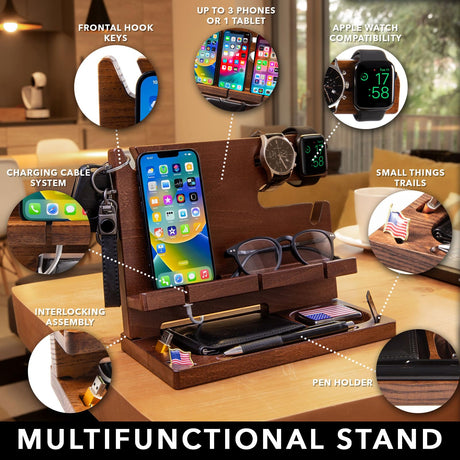 GRETAOTO Personalized Wood Docking Station for Cell Phone, Tablet, Wallet, Watch, Keys, Desk Nightstand Organizer, Valentines Day, Gifts for Men GRETAOTO