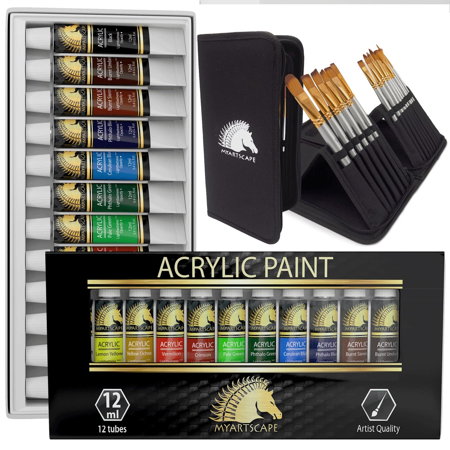 MyArtscape Artist Quality Painting Set - Acrylic Paint - 12 x 12ml Tubes - paired with Short Handle Artist Paintbrushes with Travel Holder - WoodArtSupply