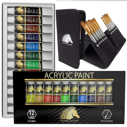 MyArtscape Artist Quality Painting Set - Acrylic Paint - 12 x 12ml Tubes - paired with Short Handle Artist Paintbrushes with Travel Holder - WoodArtSupply