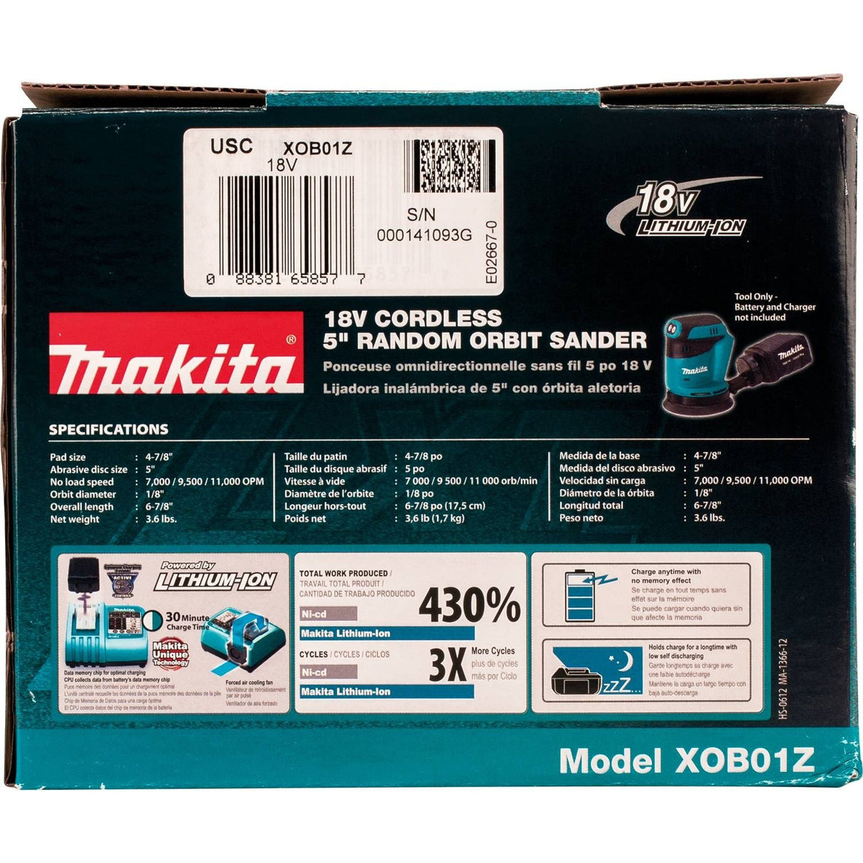 Makita XOB01Z 18V LXT® Lithium-Ion Cordless 5" Random Orbit Sander, Tool Only Makita