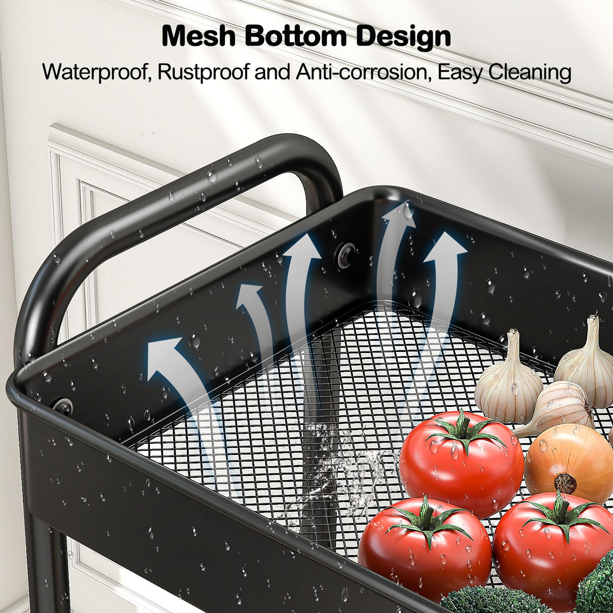 YASONIC 3 Tier Rolling Cart - Metal Utility Cart with 3 Hanging Cups & 4 Hooks, 66LBS Capacity, Mesh Rolling Storage Cart Organizer, Easy Assembly, YASONIC