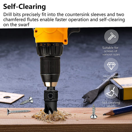 MulWark 82° Countersink Drill Bit Set incl. 5pcs Free Replaceable HSS Drill Bits for Wood｜3/8" Quick-Change -Chamfered Adjustable Drilling Tool Kit MULWARK