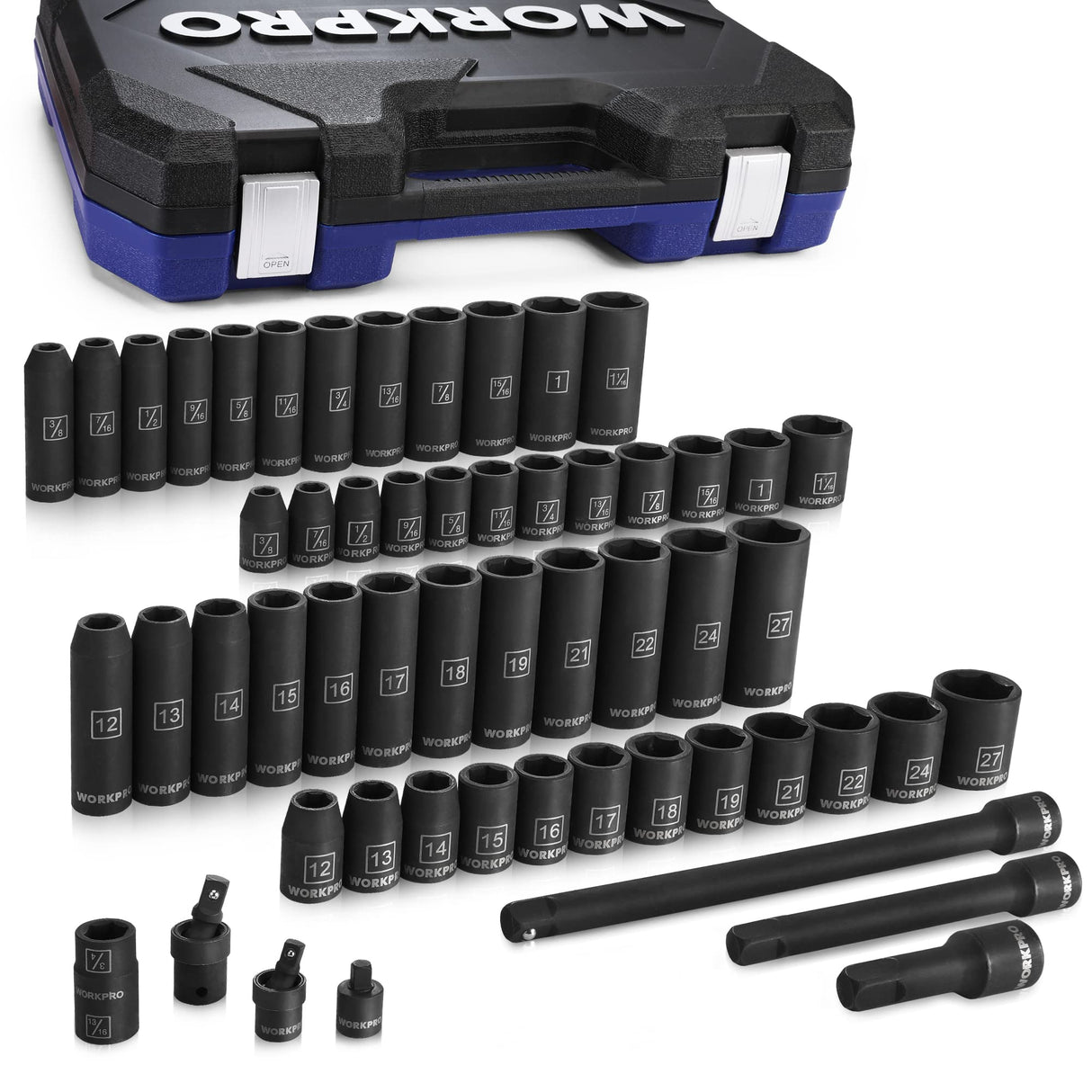 WORKPRO 1/2" Drive Impact Socket Set with Extension Bars, Premium Cr-V Steel, Complete 55-Piece, SAE and Metric Sockets with Enhanced Storage Case WORKPRO