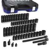 WORKPRO 1/2" Drive Impact Socket Set with Extension Bars, Premium Cr-V Steel, Complete 55-Piece, SAE and Metric Sockets with Enhanced Storage Case WORKPRO