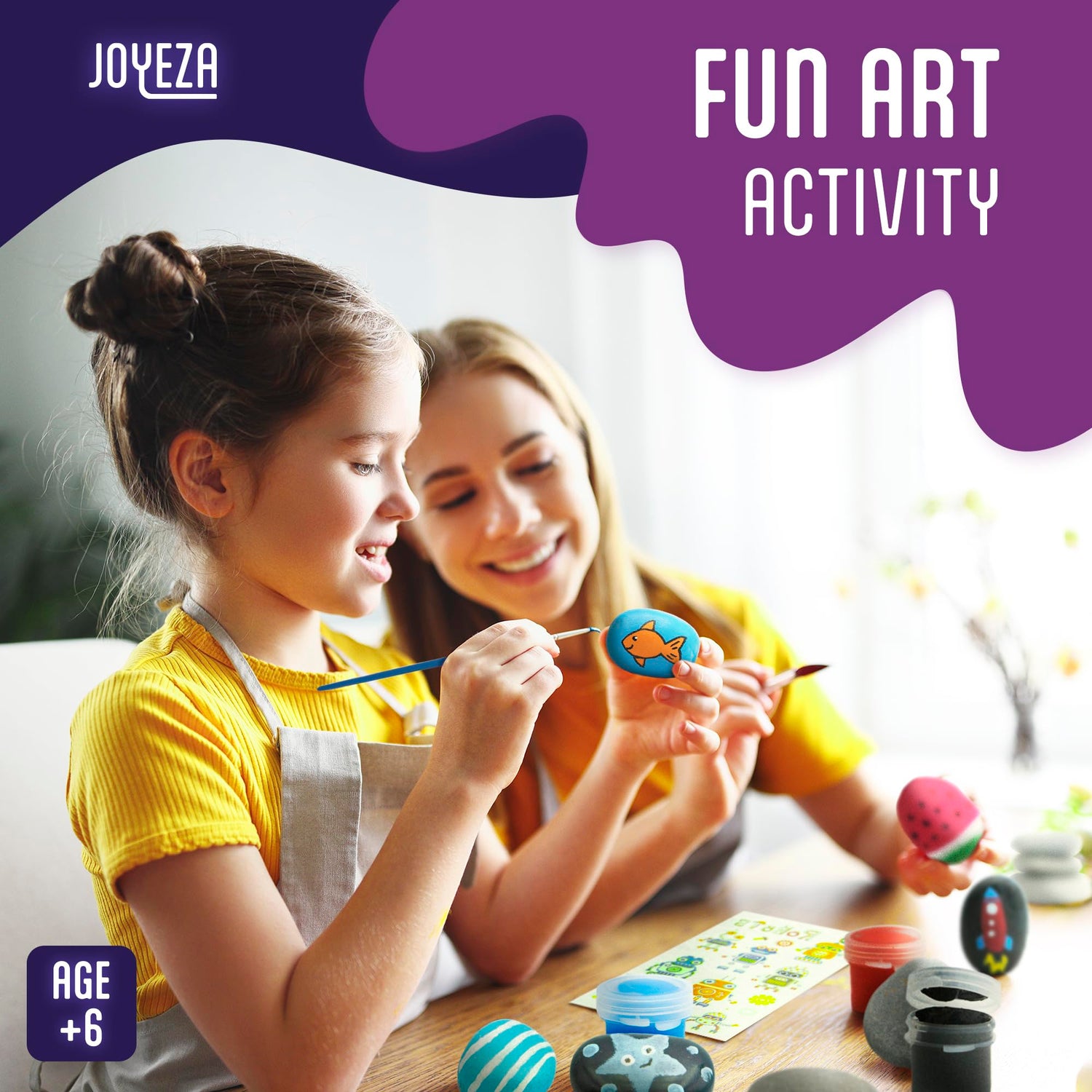 JOYEZA Rock Painting Kit Glow in The Dark, Arts and Crafts for Girls and Boys Age 6+, 12 Painting Rocks for Kids, Waterproof Paints, Kids Activities JOYEZA
