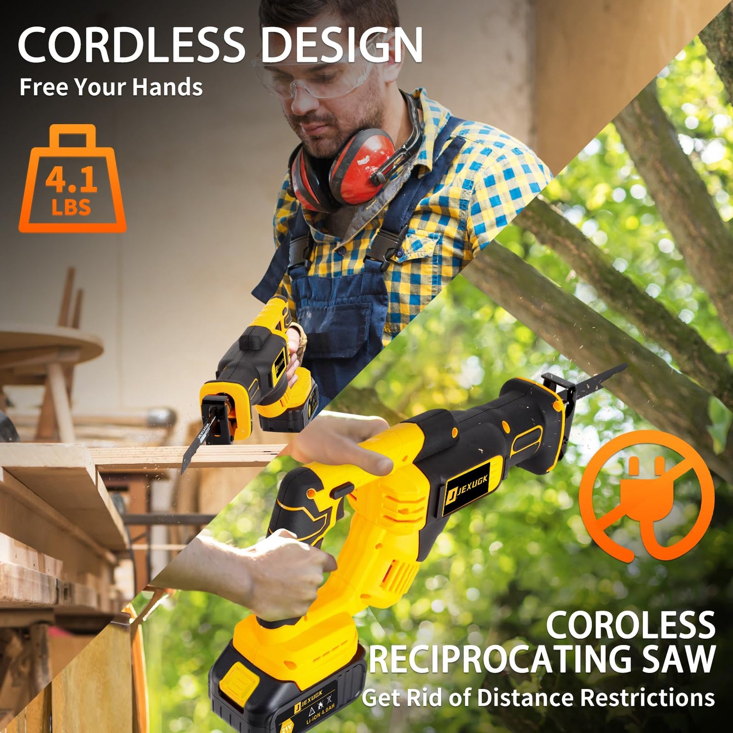 JEXUGK Reciprocating Saw Cordless, 21V 2 x 4.0Ah Battery Brushless Power Cordless Saw, 0-3500 SPM Variable Speed, 8 Saw Blades & Fast Charger JEXUGK