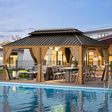 EROMMY 12' x 20' Gazebo, Wooden Finish Coated Aluminum Frame Canopy with Double Galvanized Steel Hardtop Roof, Outdoor Permanent Metal Pavilion with EROMMY