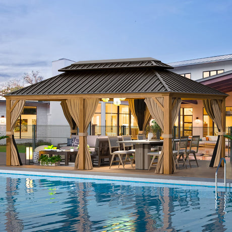 EROMMY 12' x 20' Gazebo, Wooden Finish Coated Aluminum Frame Canopy with Double Galvanized Steel Hardtop Roof, Outdoor Permanent Metal Pavilion with EROMMY