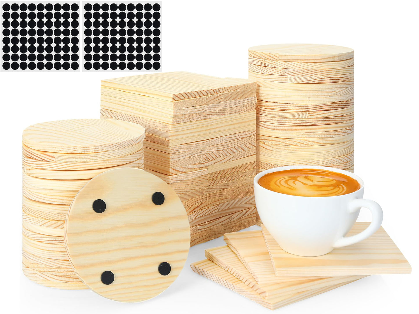 Wenqik 144 Pieces Unfinished Wood Coasters 4 Square and Round Blank Wooden Craft Coasters with 580 Pcs Non Slip Silicon Dots for DIY Drinks Stained