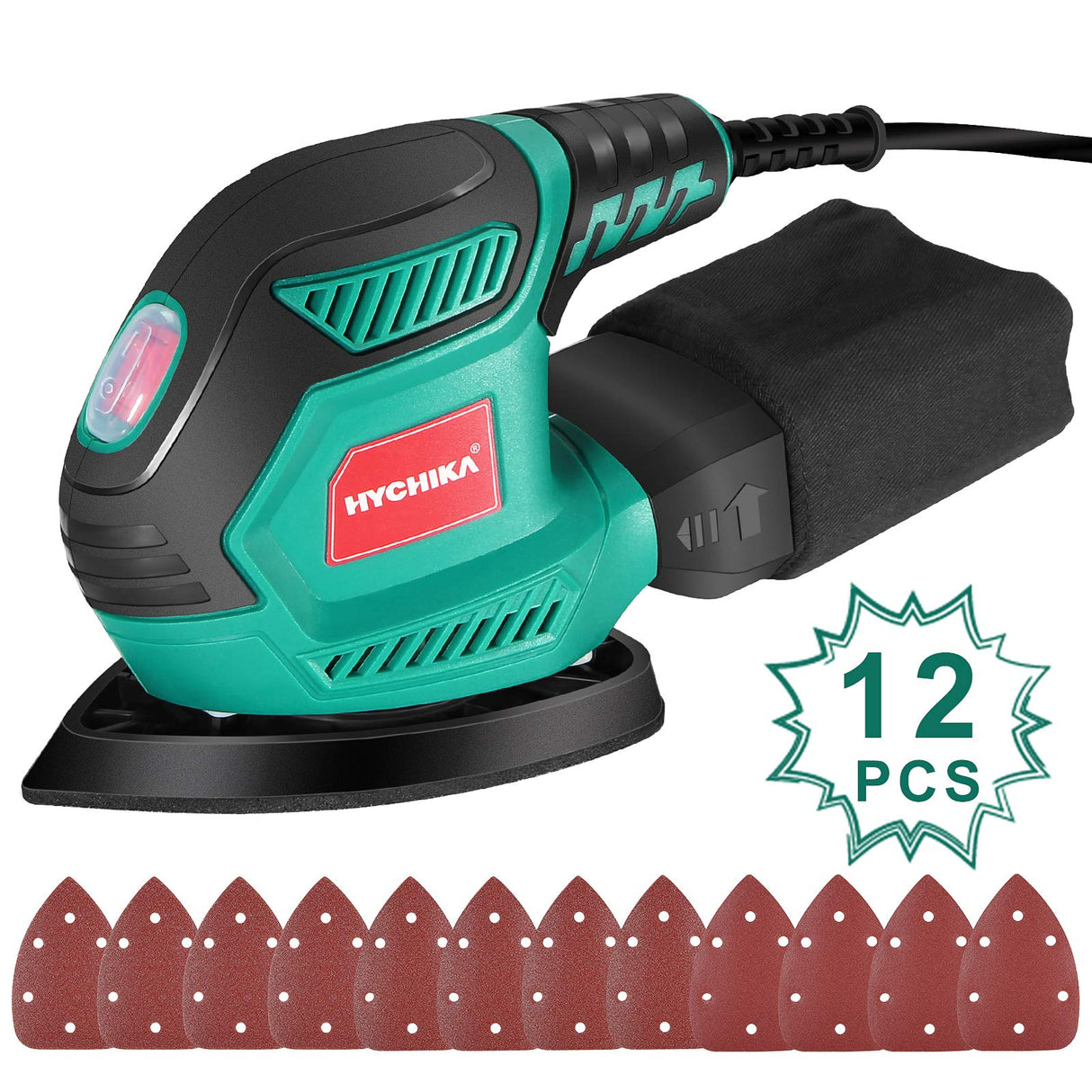 HYCHIKA Detail Sander, 14,000 OPM Compact Electric Sander Tool with 12 Pcs Sandpapers,Efficiency Dust Collection System,Suitable for Tight Spaces HYCHIKA BETTER TOOLS FOR BETTER LIFE