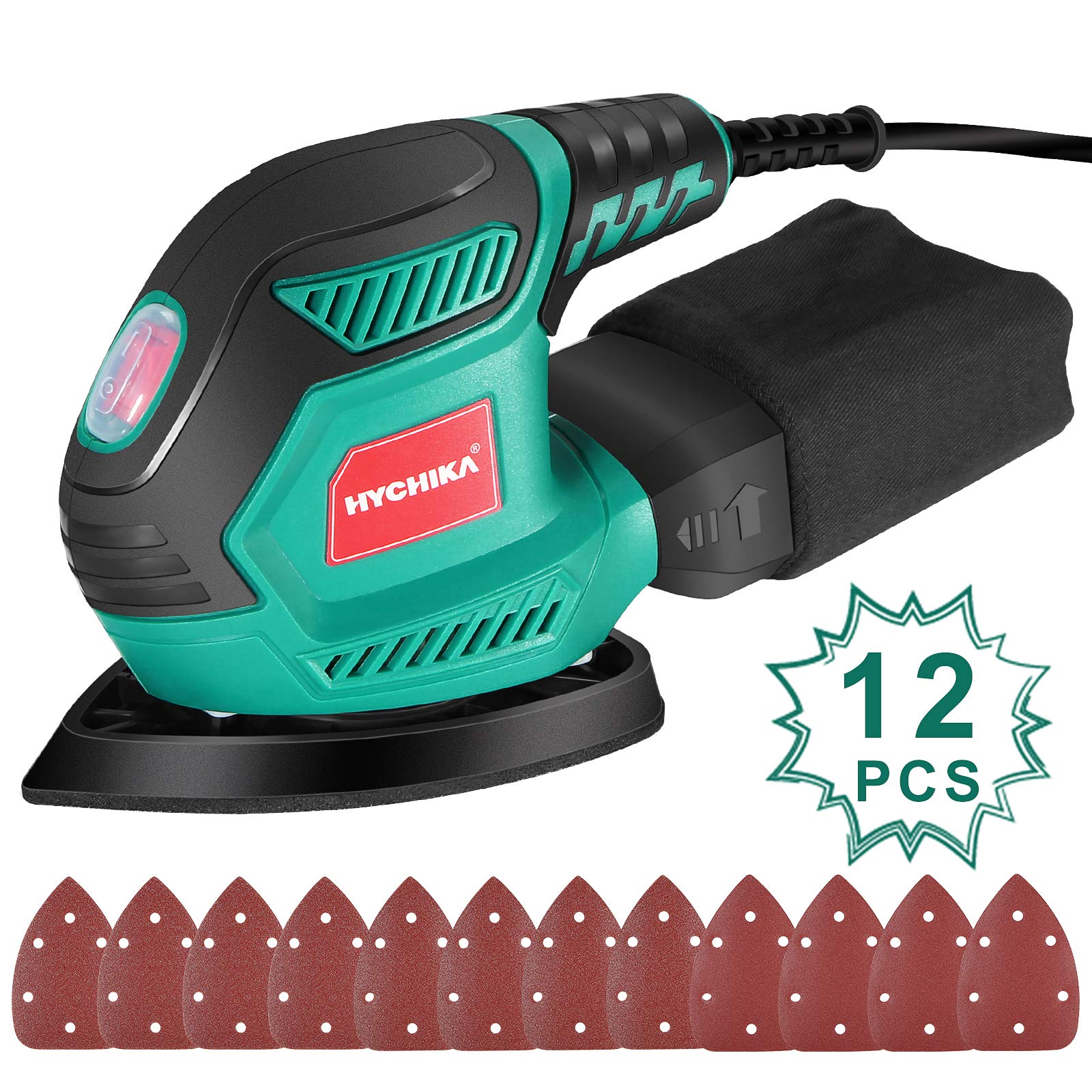 HYCHIKA Detail Sander, 14,000 OPM Compact Electric Sander Tool with 12 Pcs Sandpapers,Efficiency Dust Collection System,Suitable for Tight Spaces - WoodArtSupply