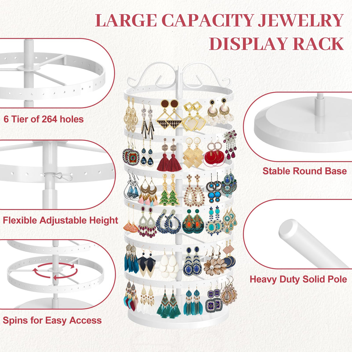 MODOWEY 6 Tier Rotating Earring Holder Organizer, Adjustable Metal Earring Display Stand Storage Rack, 264 Holes Earring Tree Organizer for Women MODOWEY