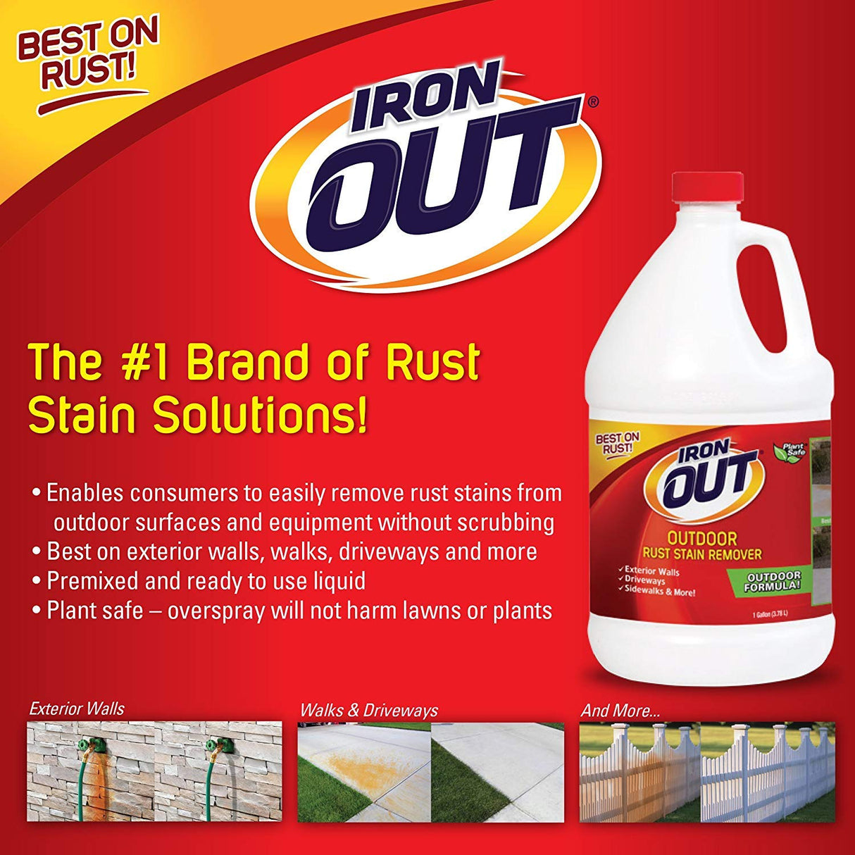 Iron OUT Liquid Rust Stain Remover, Pre-mixed, Quickly Removes Rust Stains from Concrete, Vinyl and Other Outdoor Surfaces, No Scrubbing, Safe to Iron OUT