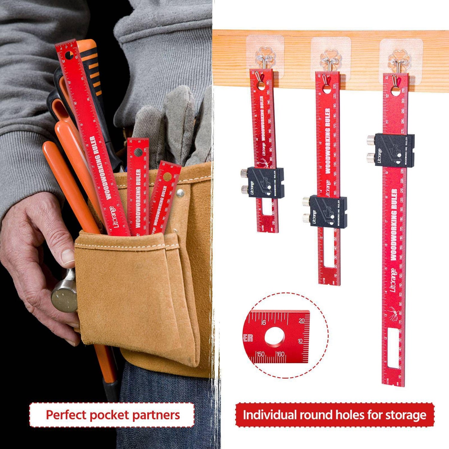 Litorange 3 Pcs Newly Designed Woodworking Ruler Precision Pocket Ruler, Aluminum Inch/Metric Marking Measuring Ruler T Track Ruler (6/8/12 Inch) LitOrange