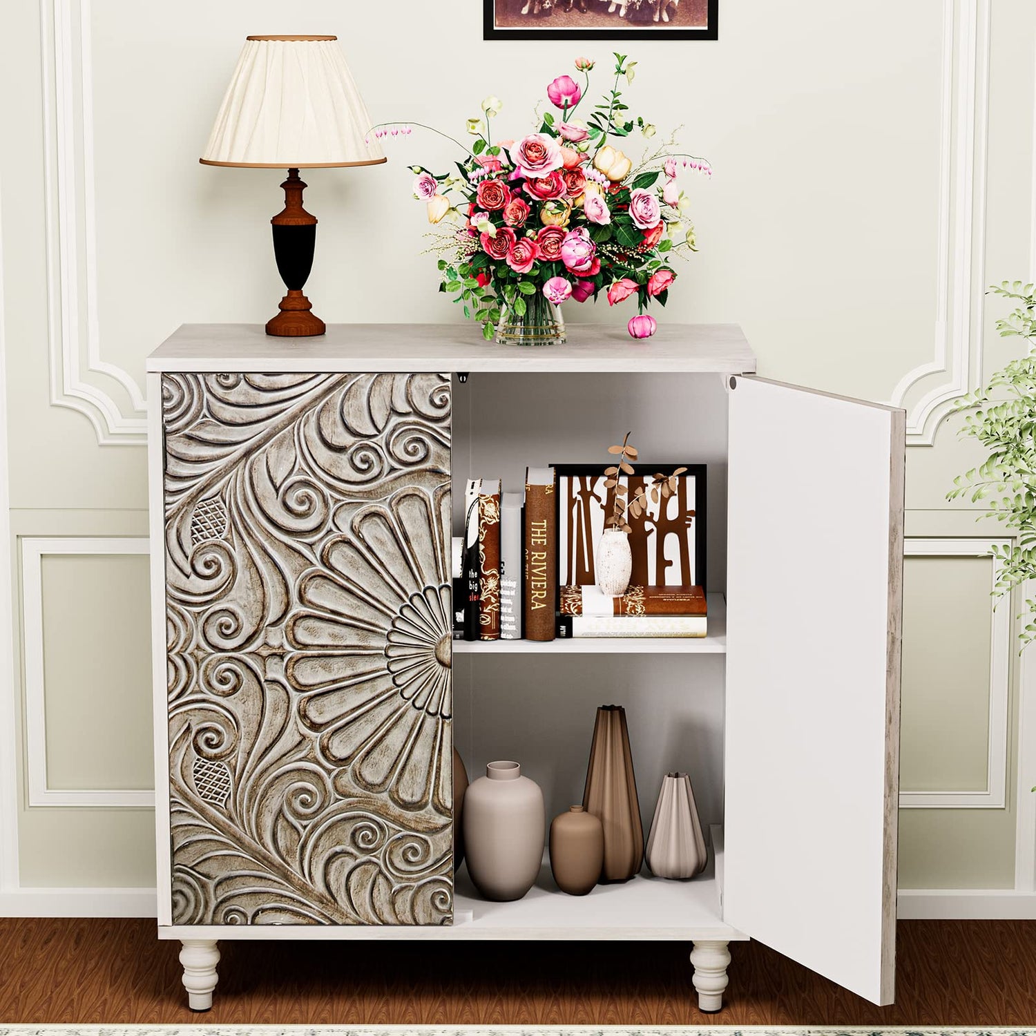 HOMPUS Accent Cabinet w Flower Pattern Doors & Shelf,Rustic Boho Decorative Cabinet w Wood Grain Finish,Buffet Sideboard Storage Cabinet,Coffee Bar HOMPUS