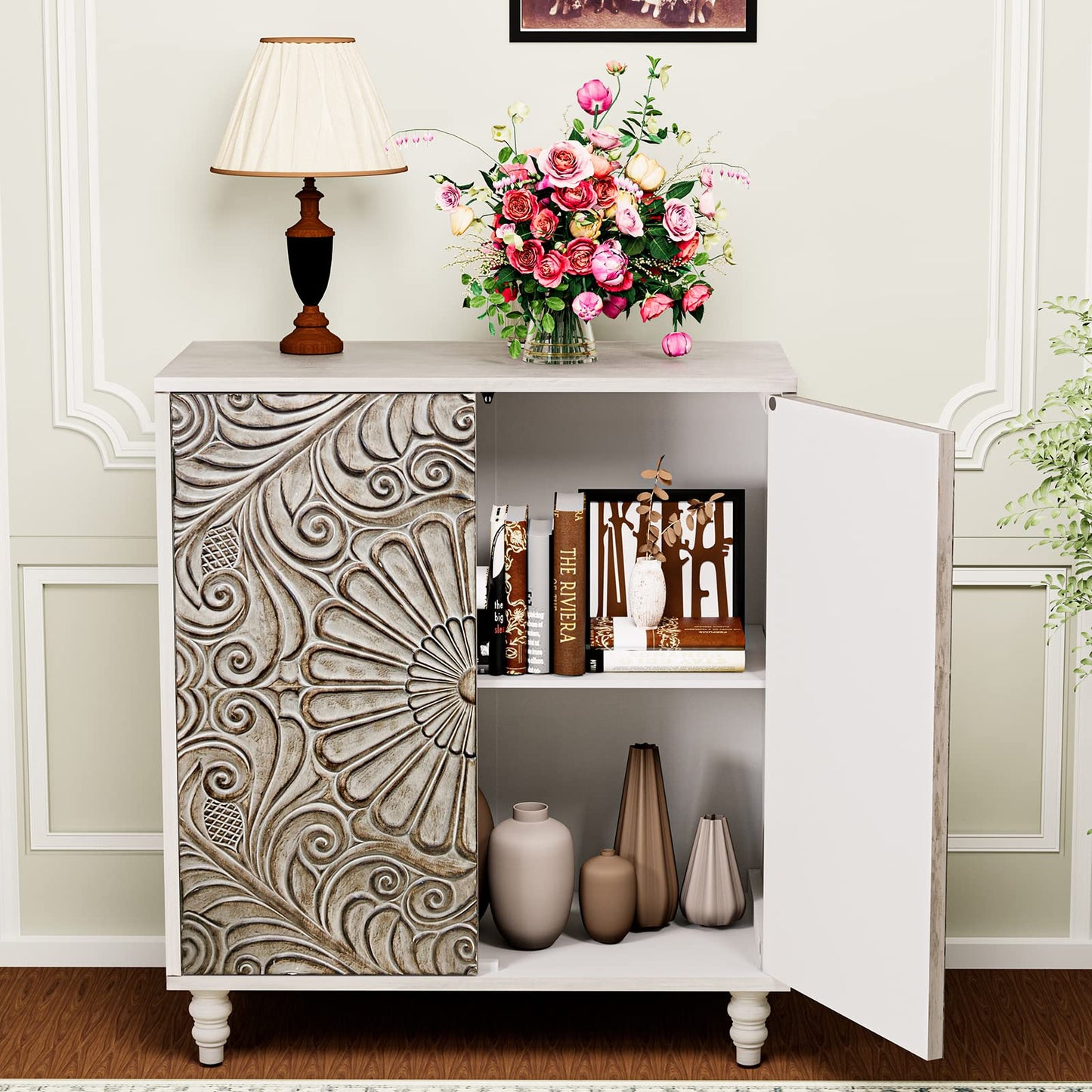 HOMPUS Accent Cabinet w Flower Pattern Doors & Shelf,Rustic Boho Decorative Cabinet w Wood Grain Finish,Buffet Sideboard Storage Cabinet,Coffee Bar