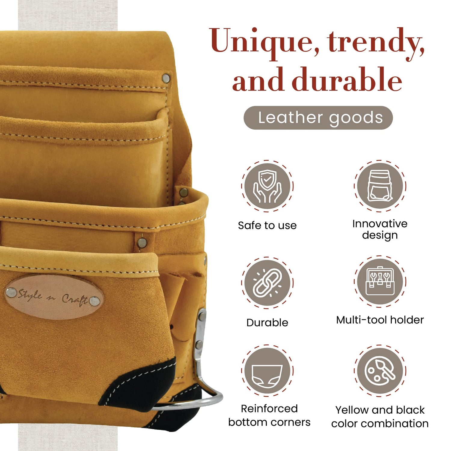 Style n Craft 10-Pocket Carpenter’s Nail & Tool Pouch, Heavy-Duty Leather Tool Pouch, Perfect and Durable Full-Grain Leather Pouch, Yellow with Black Style N Craft