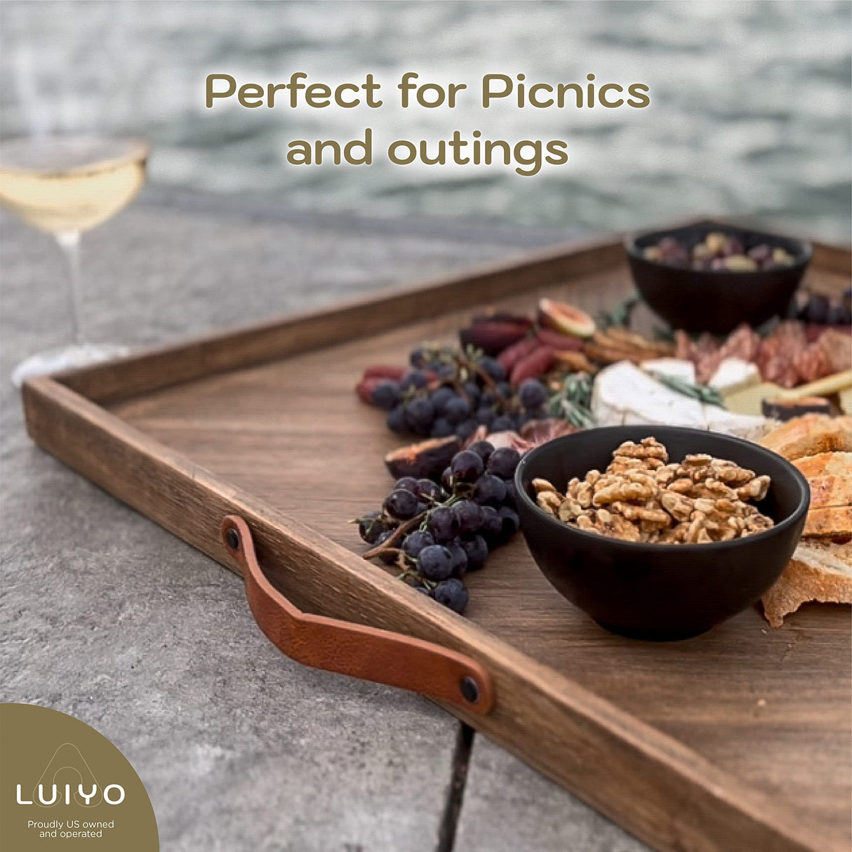 LUIYO Large Ottoman Wood Tray- with Leather Handle Decorative Wooden 24 x 24 x1.5 Inches Square Serving Tray Best for Coffee Table, Living Room and LUIYO