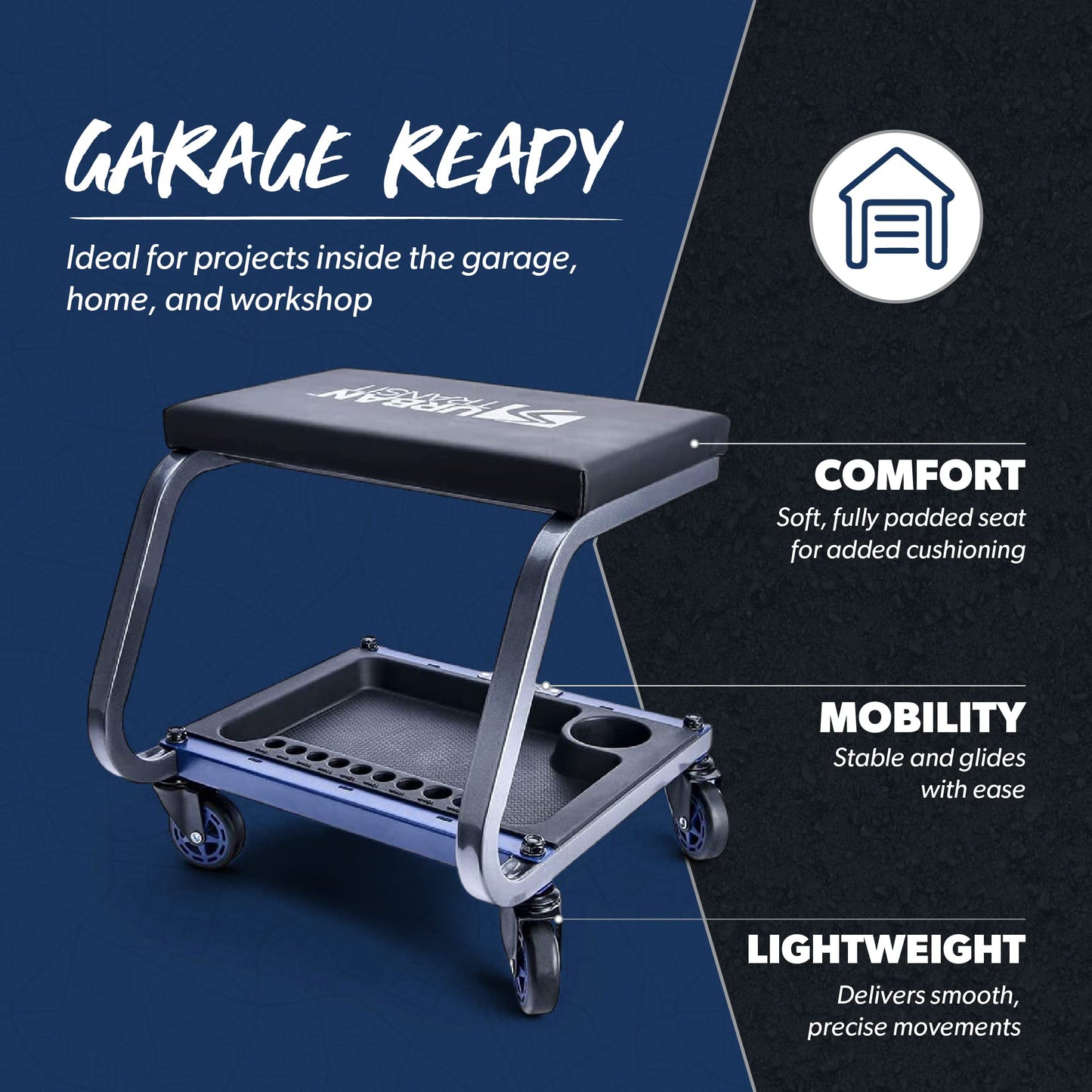 URBANTRANSIT FastBack Shop Stool - 350 Lb Capacity Rolling Stool for The Garage and Workshop, With Organizer Tray and Cupholder - 3 Inch Premium - WoodArtSupply