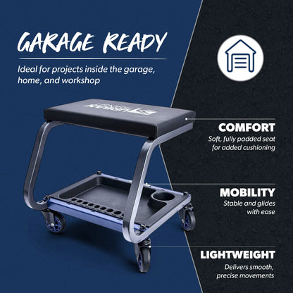 URBANTRANSIT FastBack Shop Stool - 350 Lb Capacity Rolling Stool for The Garage and Workshop, With Organizer Tray and Cupholder - 3 Inch Premium - WoodArtSupply