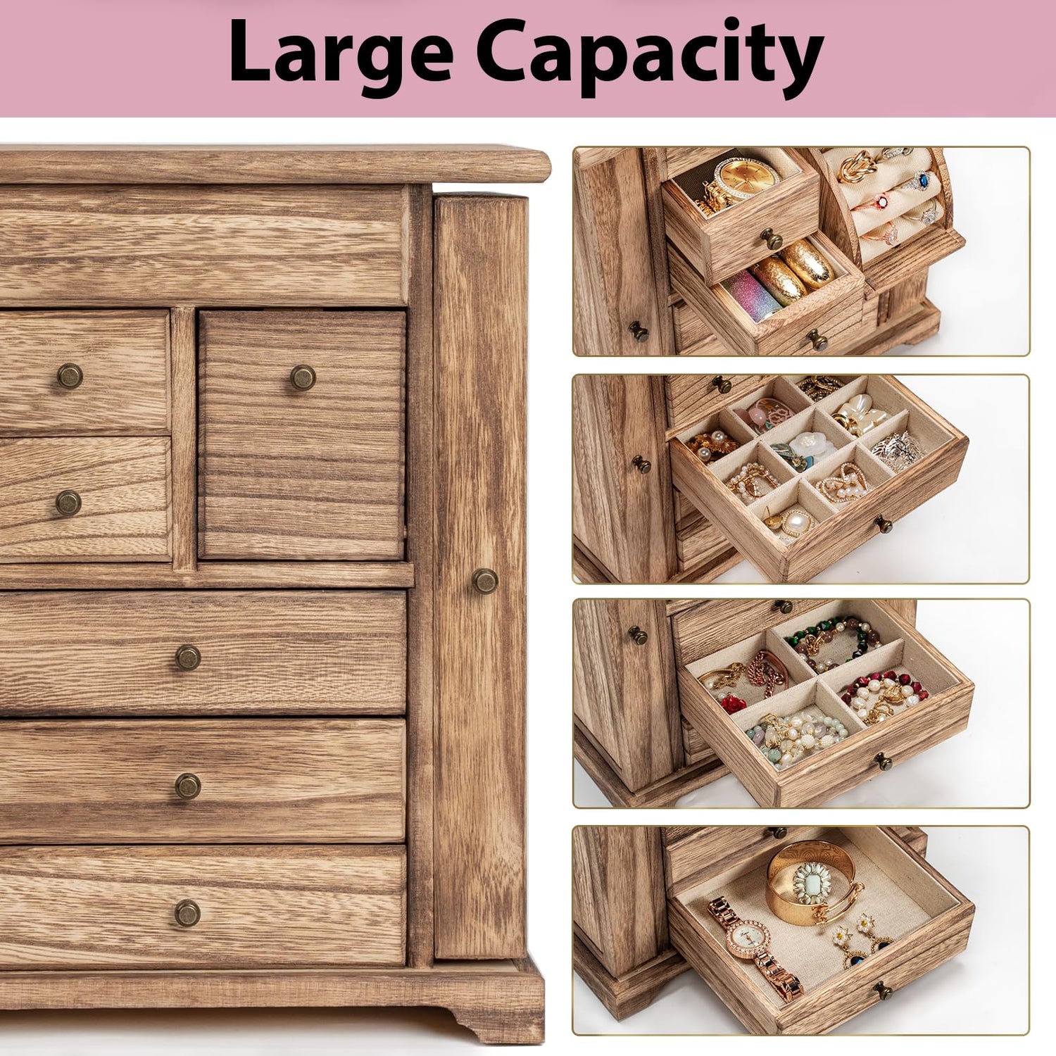 Yoimori Jewelry Box for Women, Rustic Wooden Jewelry Boxes & Organizers with Mirror & Drawers,6 Layer Jewelry Organizer Box for Rings Earrings Yoimori