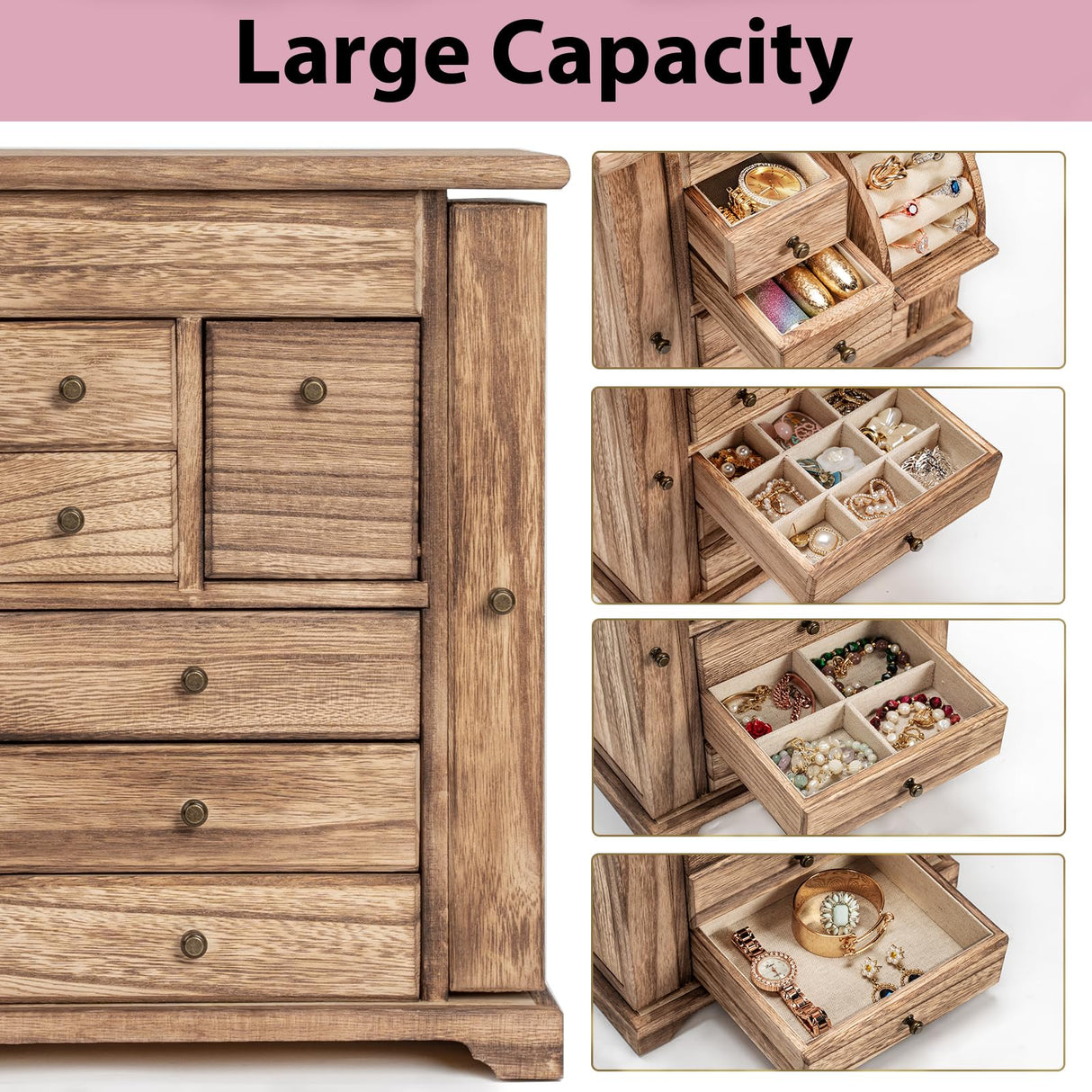 Yoimori Jewelry Box for Women, Rustic Wooden Jewelry Boxes & Organizers with Mirror & Drawers,6 Layer Jewelry Organizer Box for Rings Earrings Yoimori