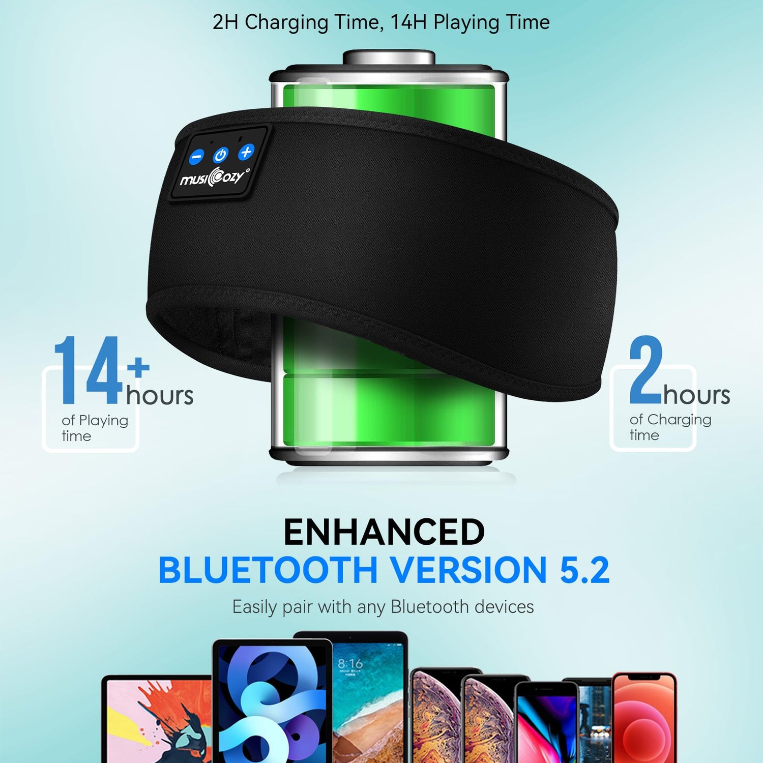 MUSICOZY Sleep Headphones Bluetooth 5.2 Headband, Sports Wireless Earphones Sweat Resistant Earbuds with Ultra-Thin HD Stereo Speaker for Workout MUSICOZY