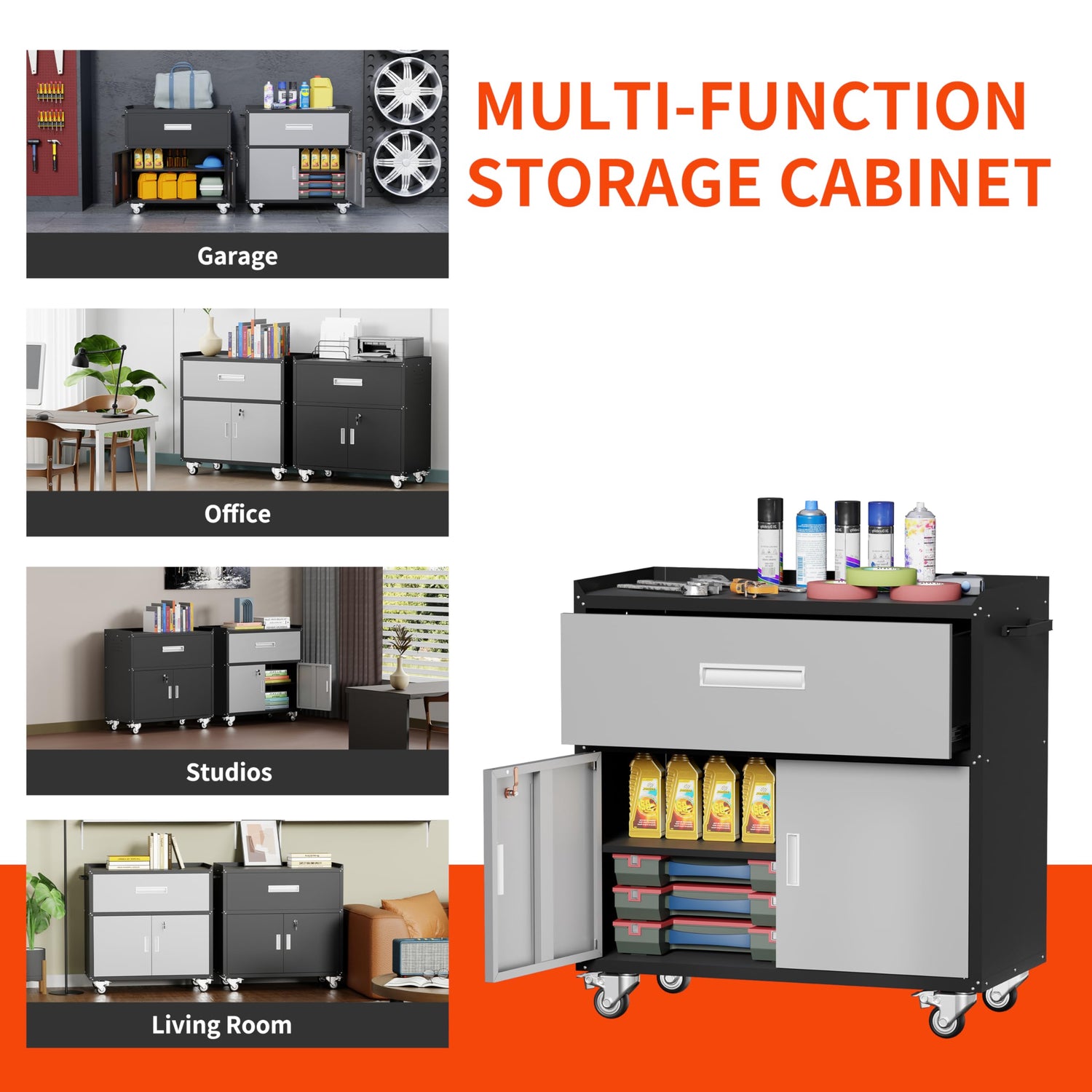 Washsemba Garage Metal Storage Cabinet for Garage with Adjustable Shelves Wheels, Rolling Tool Chest, Assembly Required, Warehouse, Basement, Tool Washsemba