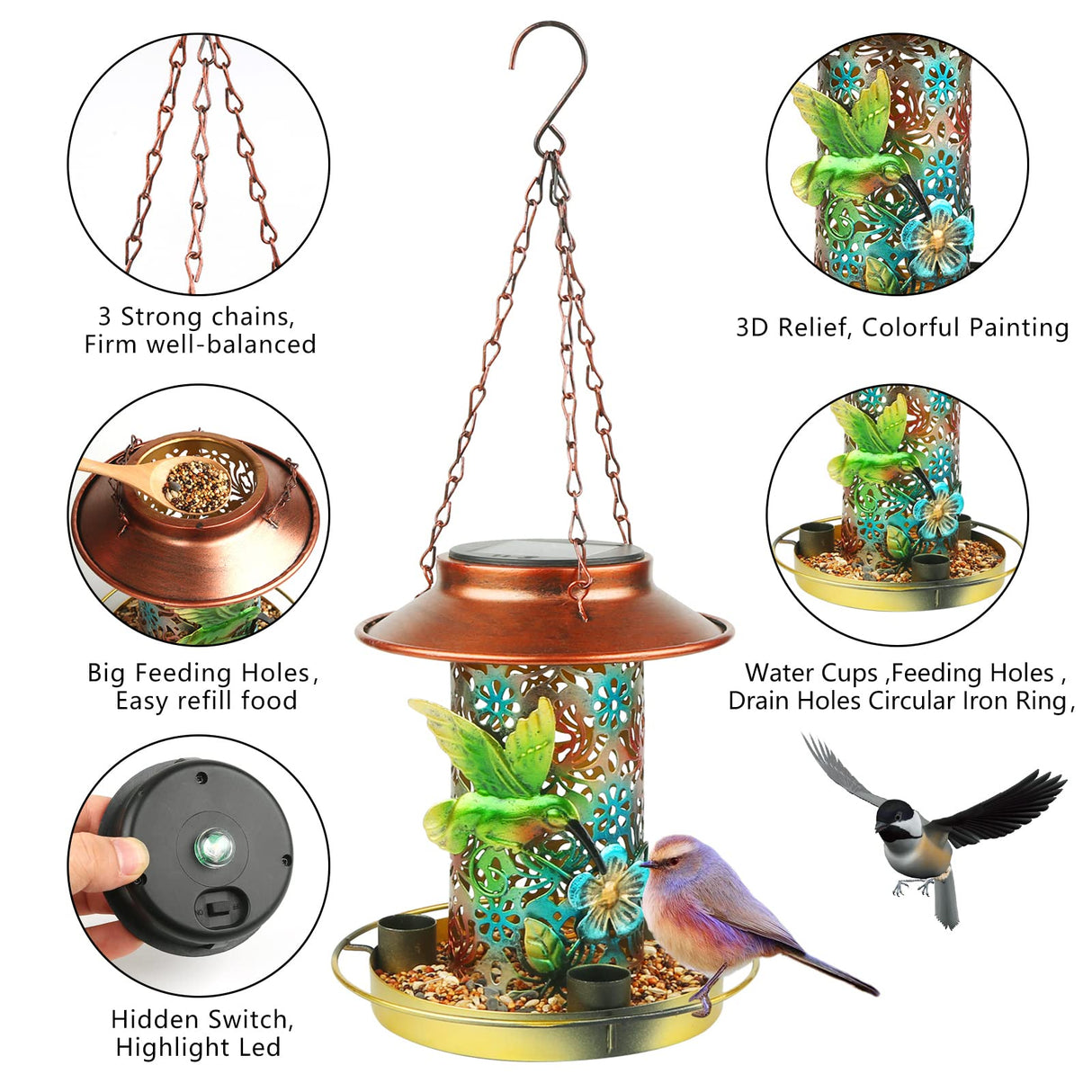 PENXUA Solar Bird Feeder for Outdoors Hunging, Gifts for Mom Grandma Women, Metal Waterproof Outside Wild Bird Feeders,Cardinals Feeders, Gifts for PENXUA