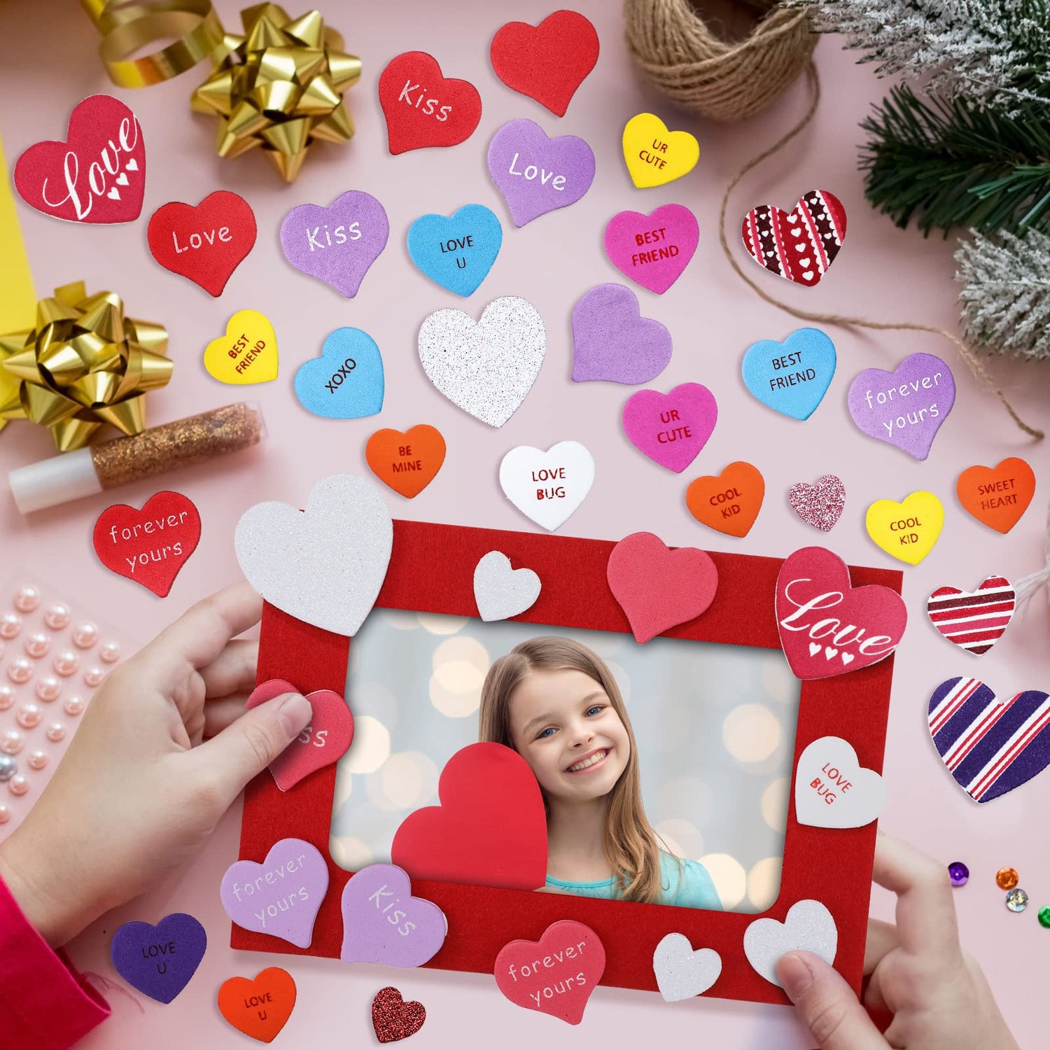 Ferraycle 232 Pieces Valentines DIY Picture Frames Craft Kit for Kids 32 Pieces Valentine Photo Frames with 200 Pieces Heart Shaped Foam Stickers for Ferraycle