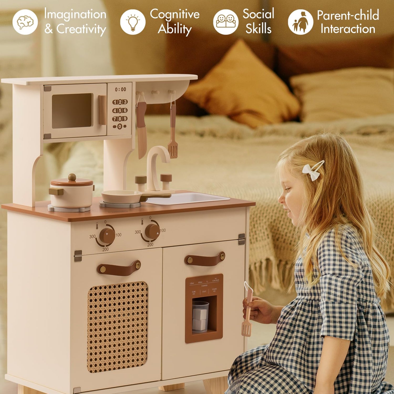 ROBOTIME Play Kitchen with Pretend Ice Cube Dispenser for Kids, Wooden Kids Kitchen Playset, Toy Kitchen Set for Toddler Age 3 4 5 6 (Mocha) ROBOTIME