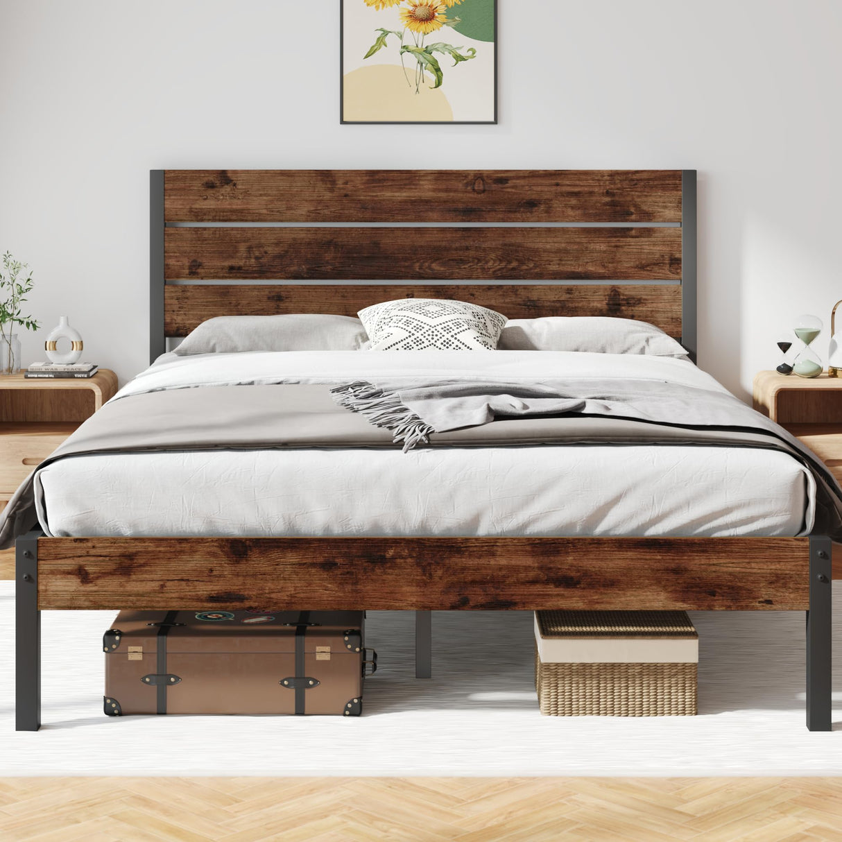Rustic Brown Fluest Queen Bed Frame with Headboard, Footboard, and Under-Bed Storage Fluest
