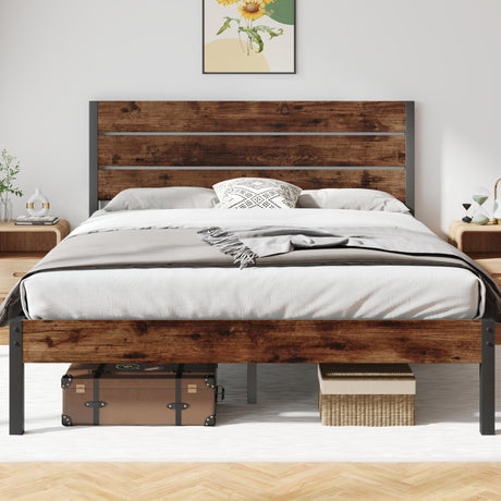 Rustic Brown Fluest Queen Bed Frame with Headboard, Footboard, and Under-Bed Storage Fluest
