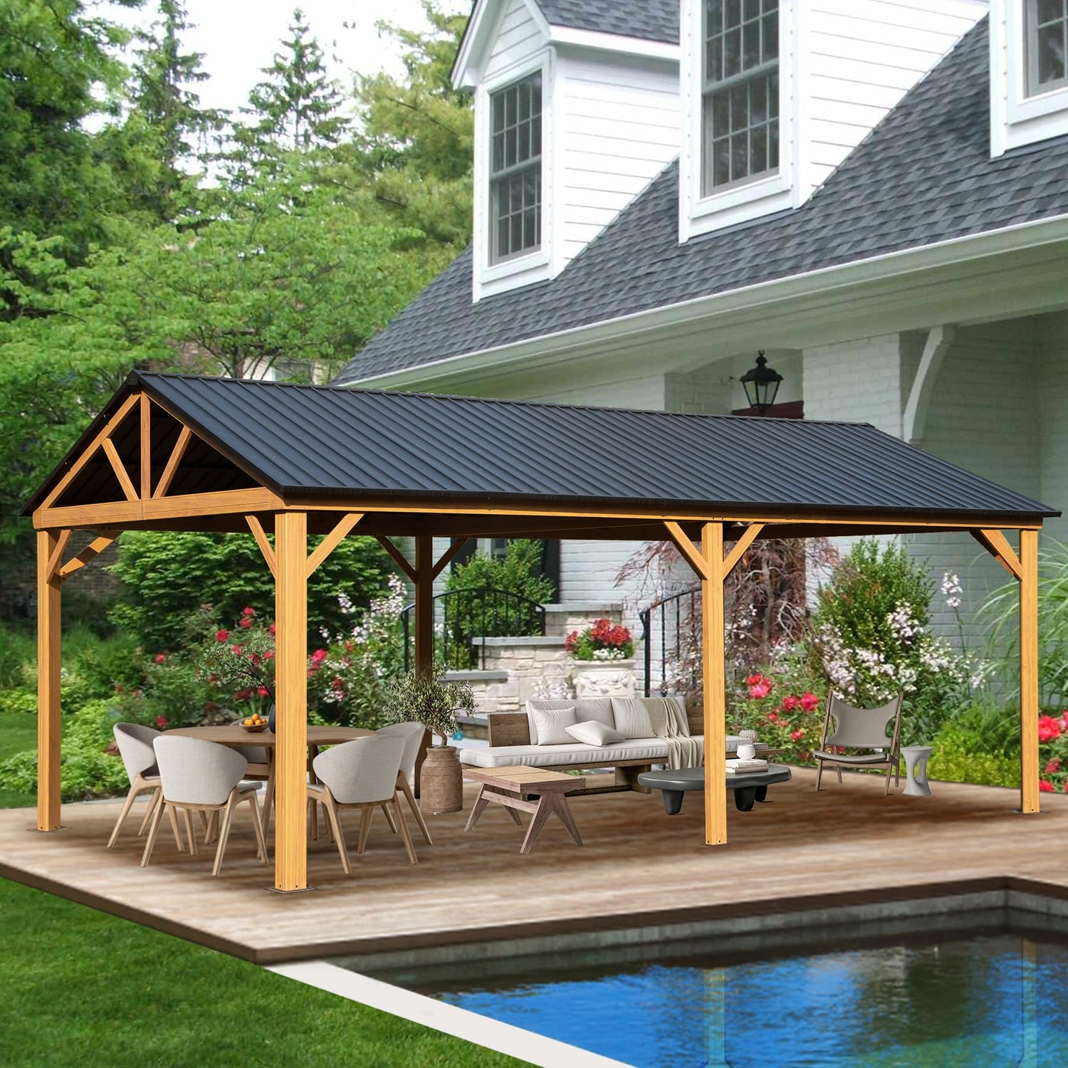 Domi 12' x 20' Hardtop Gazebo with Galvanized Steel Gable Roof, Pergola with Wood-Looking Aluminum Frame, Permanent Pavilion Outdoor Gazebo with domi outdoor living