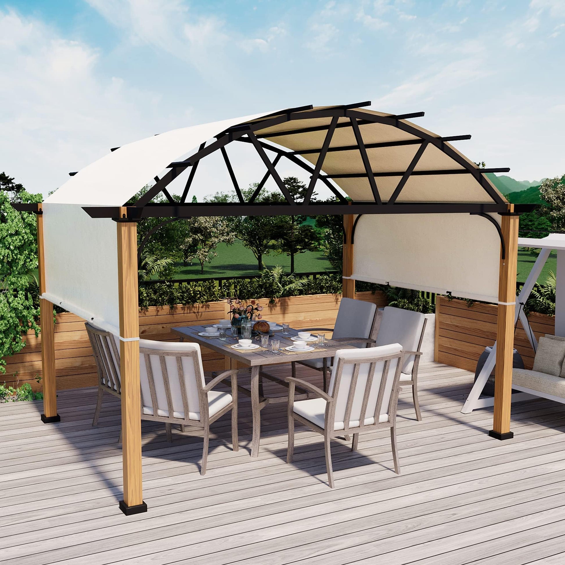 HAPPATIO 10' X 13' Outdoor Pergola with Sling Retractable Pergola Canopy, Wood-Like Aluminum Patio Pergola Shade for Patio, Backyard, Garden,Poolside - WoodArtSupply