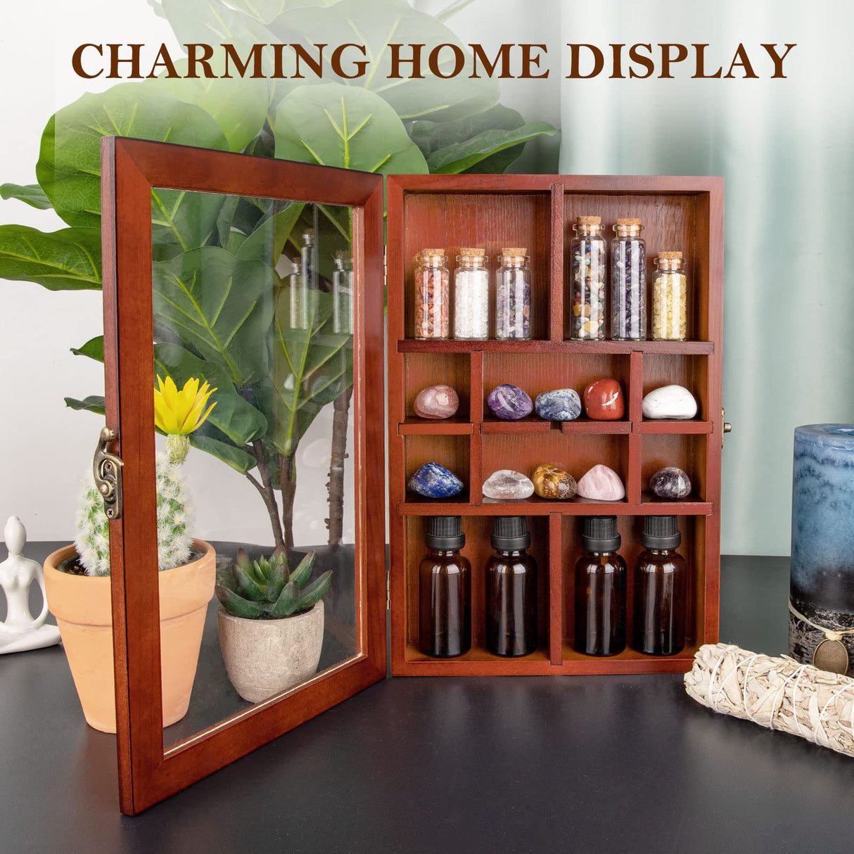 Mooncraftlogy Adjustable Rock Display Case, Crystal Collection Box with Shelves, Wood Witchy Stones Organizer Storage,Gem Holder with Lid for Mooncraftlogy