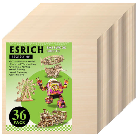 36 Pack Basswood Sheets 12x12x1/8 Inch for Crafts，Unfinished Wood for Laser Cutting & Engraving，Wood Burining，Plywood for Architectural Models. ESRICH