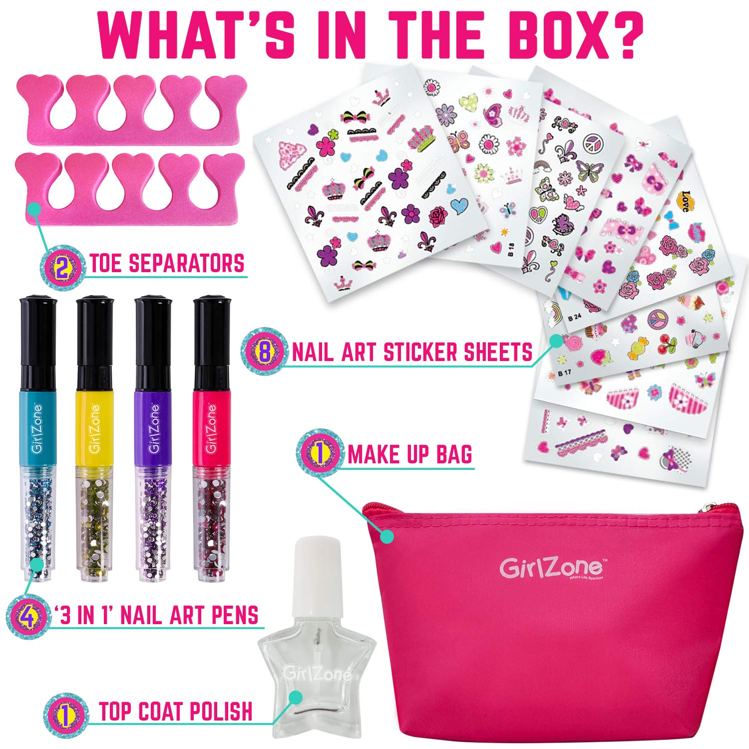 GirlZone Nail Art Studio Set, Nail Art Stickers, 3 Nail Salon Pens