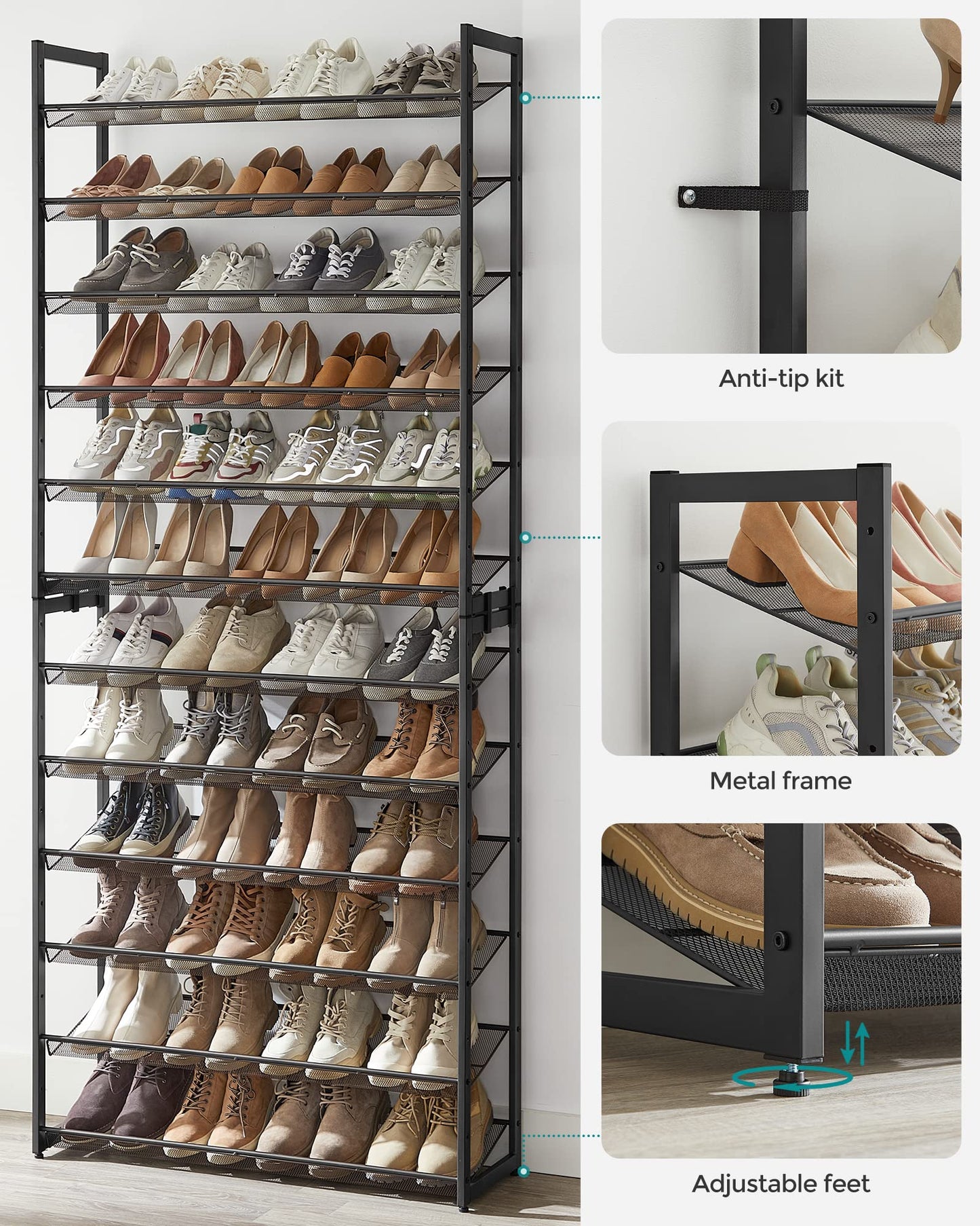 SONGMICS Shoe Rack, 12-Tier Tall Metal Shoe Storage Organizer for Closet, Entryway, Garage, Set of 2 6-Tier Big Stackable Shoes Rack Shelf,