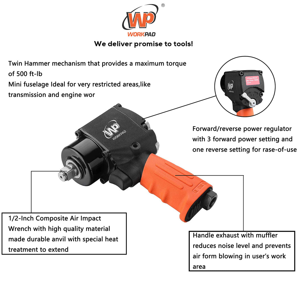 WORKPAD 1/2-Inch Mini Air Impact Wrench with Twin Hammers, Pneumatic Tools WP WORKPAD