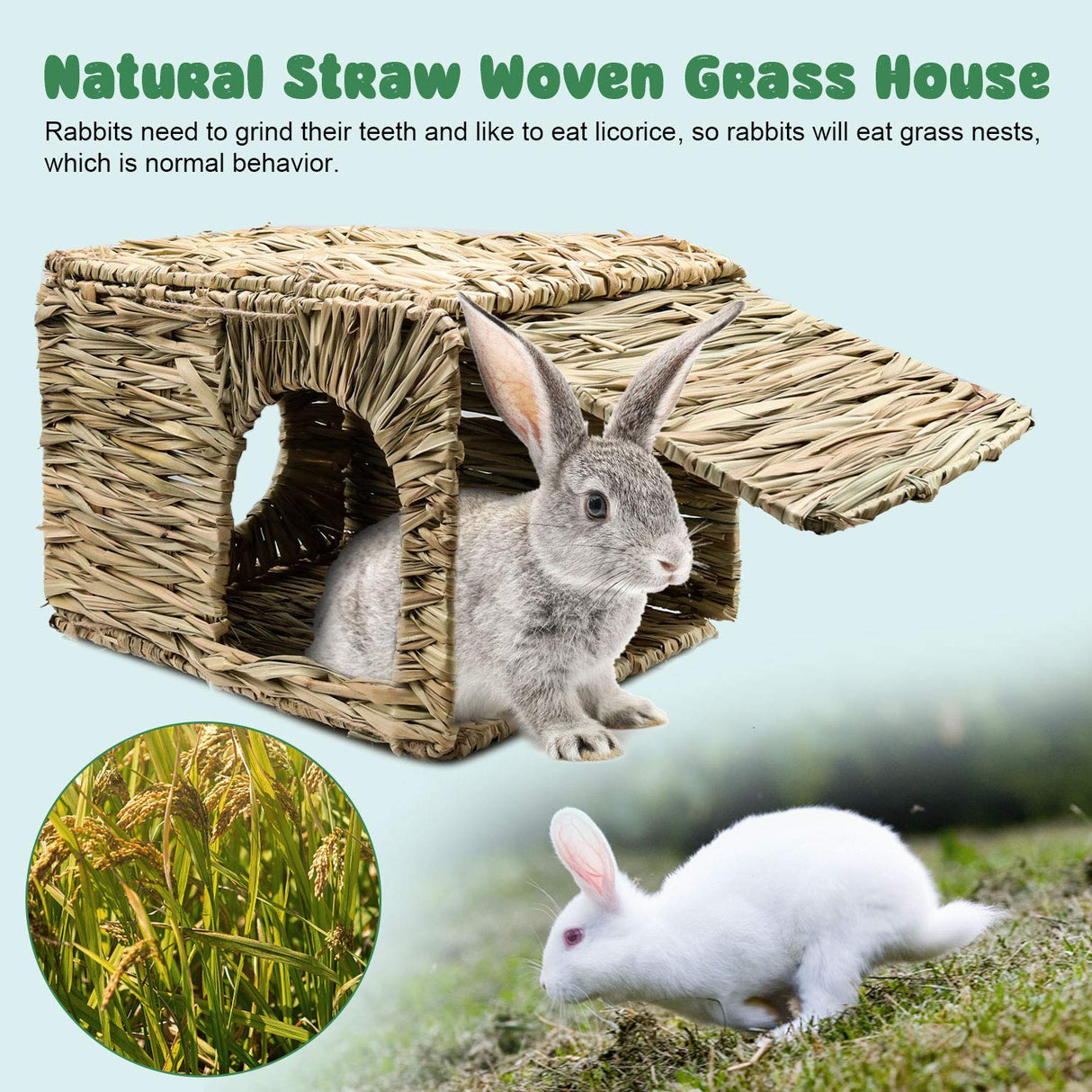 BWOGUE Extra Large Grass House for Rabbits,Hand Crafted Natural Grass Hideaway Foldable Bed Hut with Openings Playhouse for Bunny Guinea Pig BWOGUE