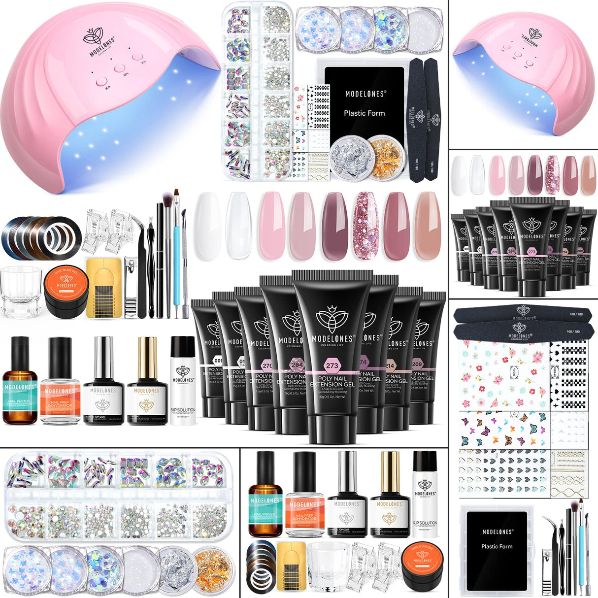 Modelones Poly Nail Gel Kit 8 Rosy Pink Colors with 48W LED Nail Lamp Poly Extension Gel Complete Nail Art Tools Professional Starter Manicure Kit modelones