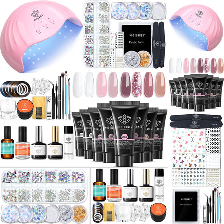 Modelones Poly Nail Gel Kit 8 Rosy Pink Colors with 48W LED Nail Lamp Poly Extension Gel Complete Nail Art Tools Professional Starter Manicure Kit modelones