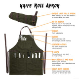 Under NY Sky Knife-Roll Forest Green Apron – Heavy-Duty Canvas, Leather Reinforcement – Adjustable for Men and Women – Pro Chef, Barbecue, Butcher, Under NY Sky