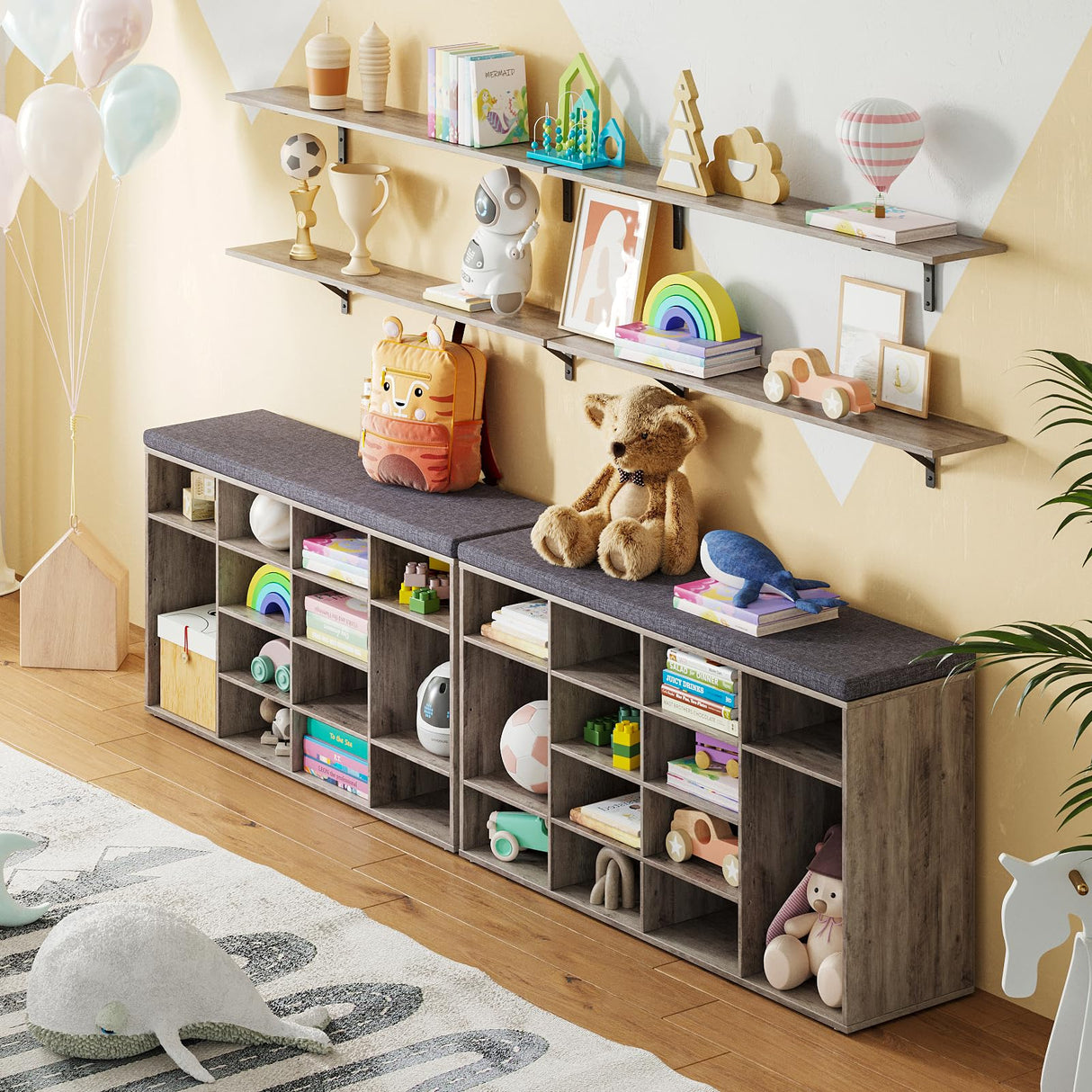 DINZI LVJ Shoe Storage Bench with Cushion, 16-Cubby Shoe Rack, Adjustable Shelves, Multifunctional Shoe Organizer Bench for Entryway, Mudroom, DINZI LVJ